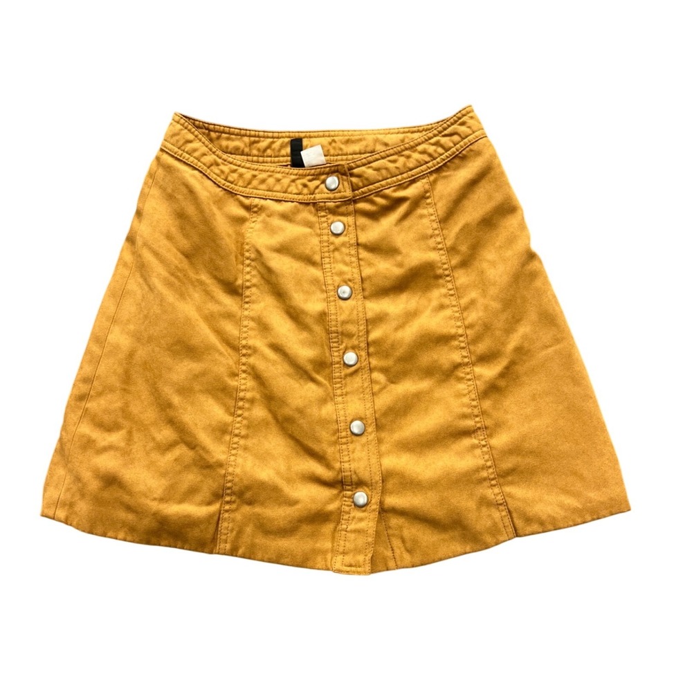 H&M Divided Faux Suede Mini Skirt Women 6 Mustard Yellow Button Front Retro Boho